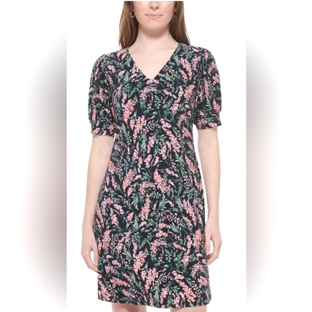 ⚡️287 Tommy Hilfiger Black Wisteria Floral Mini Dress 8 Stretch Short Sleeve